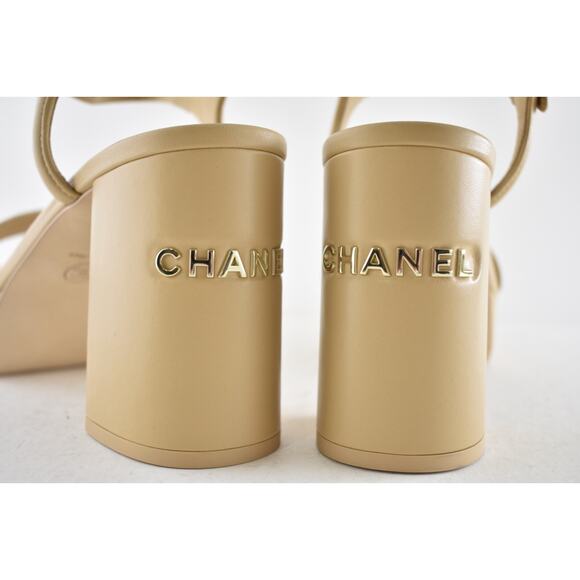 Chanel 24C Beige Nude Lambskin Leather Platform Ankle Strap Block Heel Sandal 42 - Picture 13 of 15